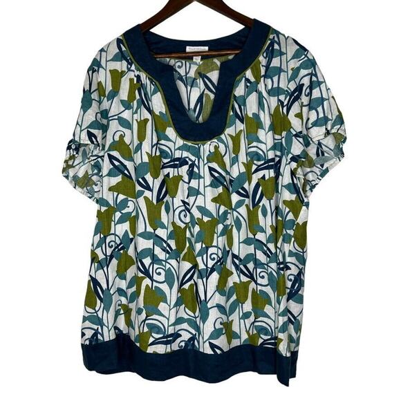 Charter Club 24W Linen Scoopneck Blouse Blue Floral Plus-Size Casual Summer - Picture 1 of 8